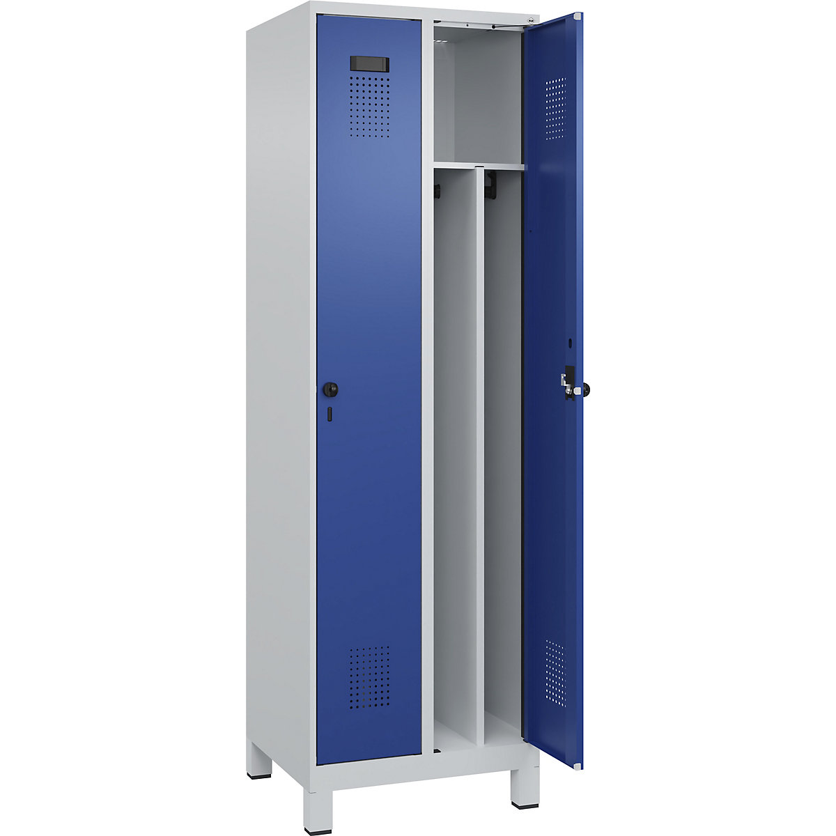 Cacifo com separação de roupa suja/limpa Evolo PLUS, estreito, 2 compartimentos, divisória encurtada, cinzento claro/azul genciana, L 600 mm, com pés largos, trinco de segurança rotativo-0