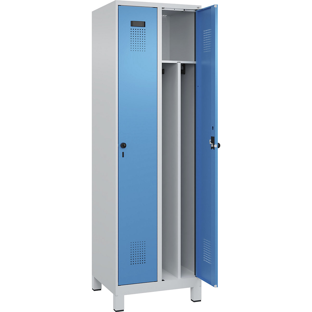 Cacifo com separação de roupa suja/limpa Evolo PLUS, estreito, 2 compartimentos, divisória encurtada, cinzento claro/azul claro, L 600 mm, com pés largos, trinco de segurança rotativo-0