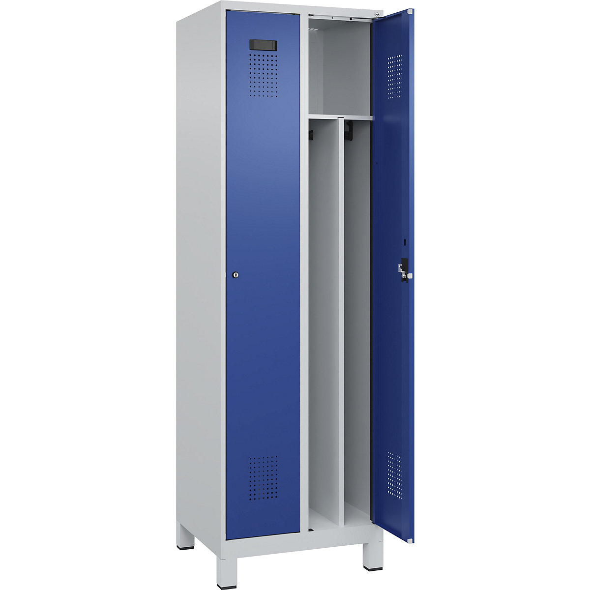 Cacifo com separação de roupa suja/limpa Evolo PLUS, estreito, 2 compartimentos, divisória encurtada, cinzento claro/azul genciana, L 600 mm, com pés largos, fechadura de cilindro-0