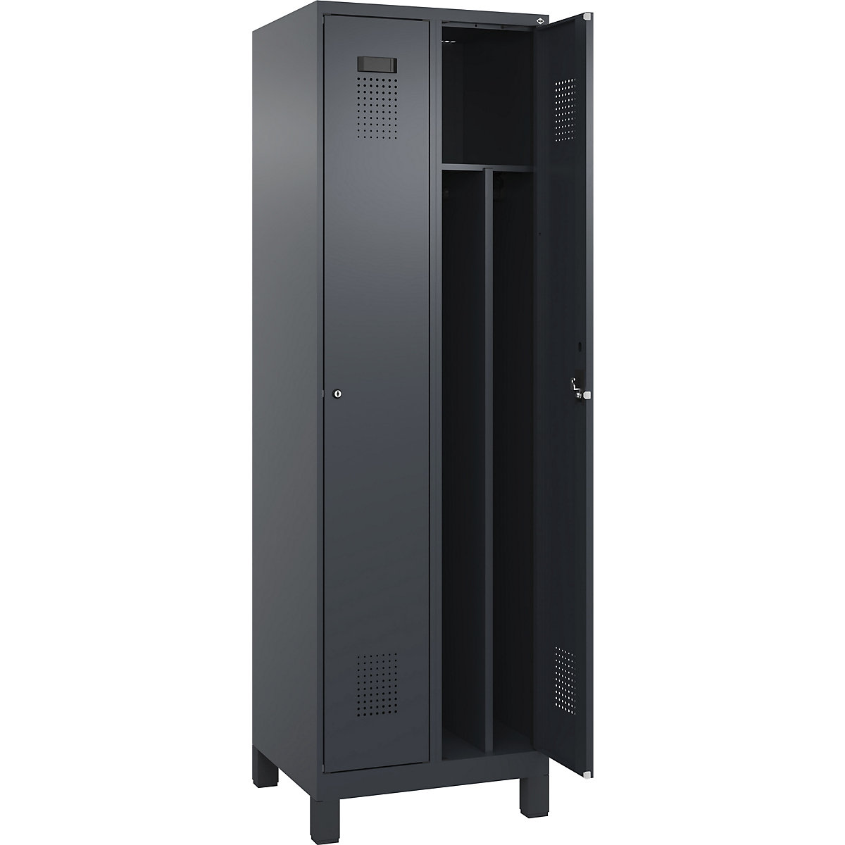 Cacifo com separação de roupa suja/limpa Evolo PLUS, estreito, 2 compartimentos, divisória encurtada, cinzento, L 600 mm, com pés largos, fechadura de cilindro-0
