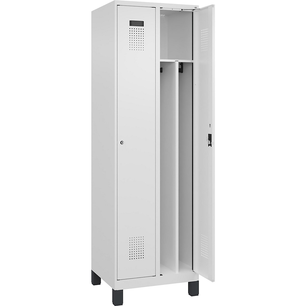 Cacifo com separação de roupa suja/limpa Evolo PLUS, estreito, 2 compartimentos, divisória encurtada, branco, L 600 mm, com pés largos, fechadura de cilindro-0