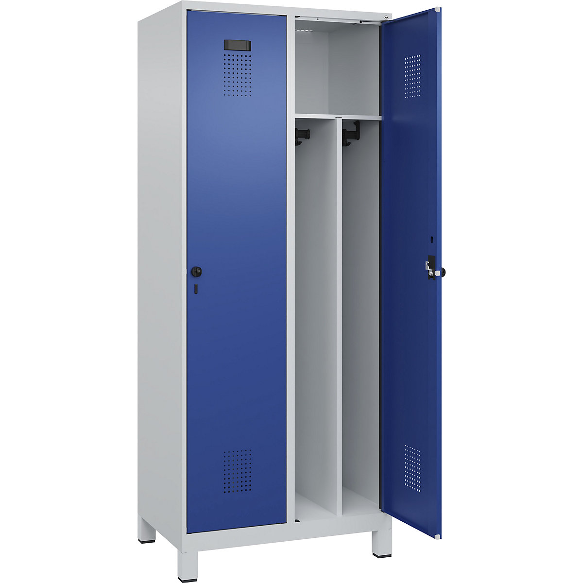 Cacifo com separação de roupa suja/limpa Evolo PLUS, estreito, 2 compartimentos, divisória encurtada, cinzento claro/azul genciana, L 800 mm, com pés largos, trinco de segurança rotativo-0