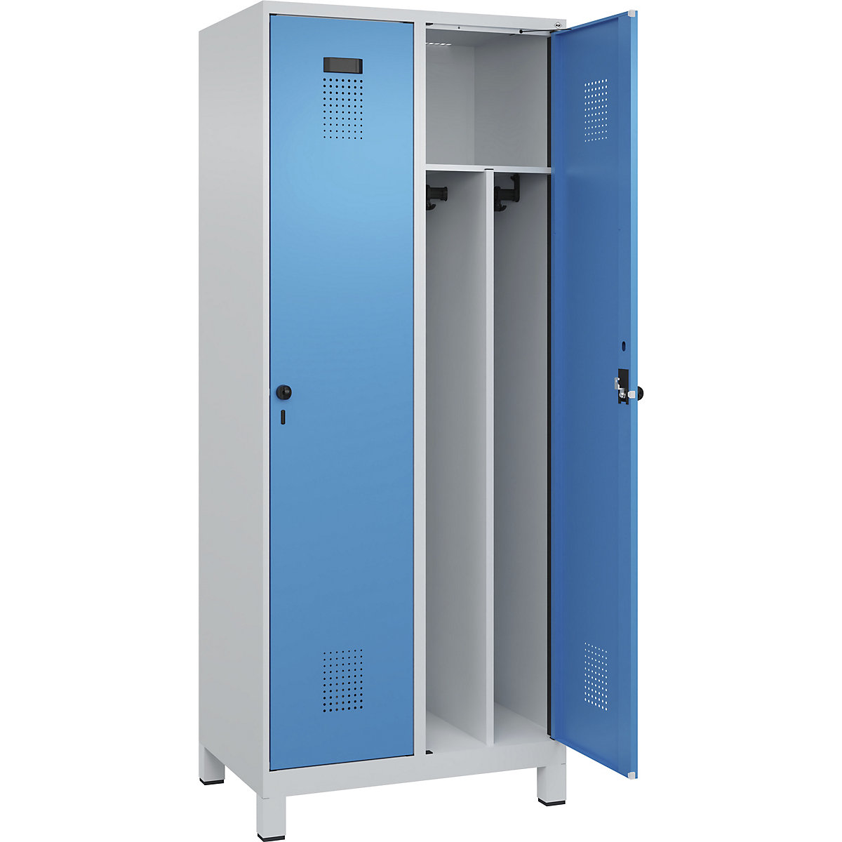 Cacifo com separação de roupa suja/limpa Evolo PLUS, estreito, 2 compartimentos, divisória encurtada, cinzento claro/azul claro, L 800 mm, com pés largos, trinco de segurança rotativo-0