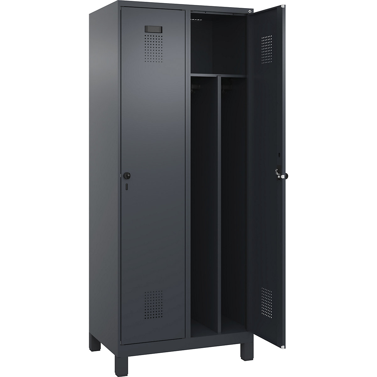 Cacifo com separação de roupa suja/limpa Evolo PLUS, estreito, 2 compartimentos, divisória encurtada, cinzento, L 800 mm, com pés largos, trinco de segurança rotativo-0