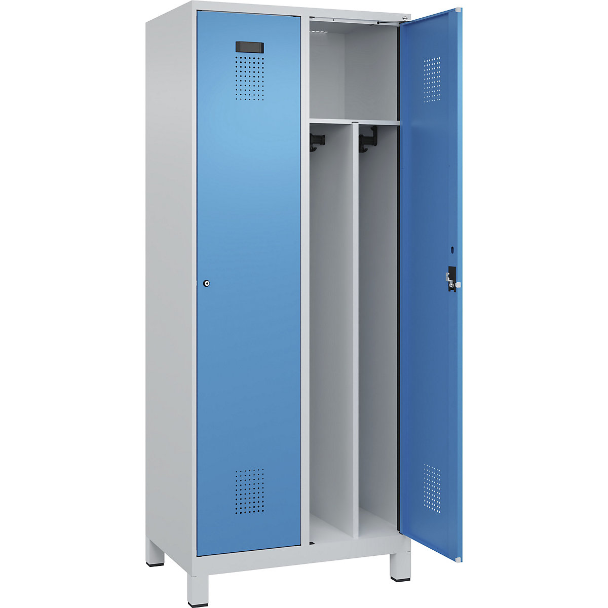 Cacifo com separação de roupa suja/limpa Evolo PLUS, estreito, 2 compartimentos, divisória encurtada, cinzento claro/azul claro, L 800 mm, com pés largos, fechadura de cilindro-0