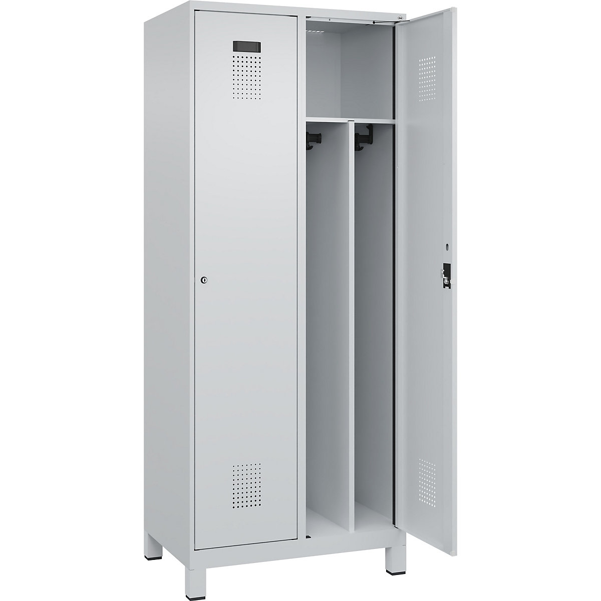Cacifo com separação de roupa suja/limpa Evolo PLUS, estreito, 2 compartimentos, divisória encurtada, cinzento claro, L 800 mm, com pés largos, fechadura de cilindro-0
