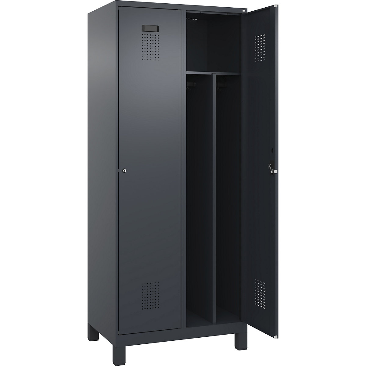 Cacifo com separação de roupa suja/limpa Evolo PLUS, estreito, 2 compartimentos, divisória encurtada, cinzento, L 800 mm, com pés largos, fechadura de cilindro-0