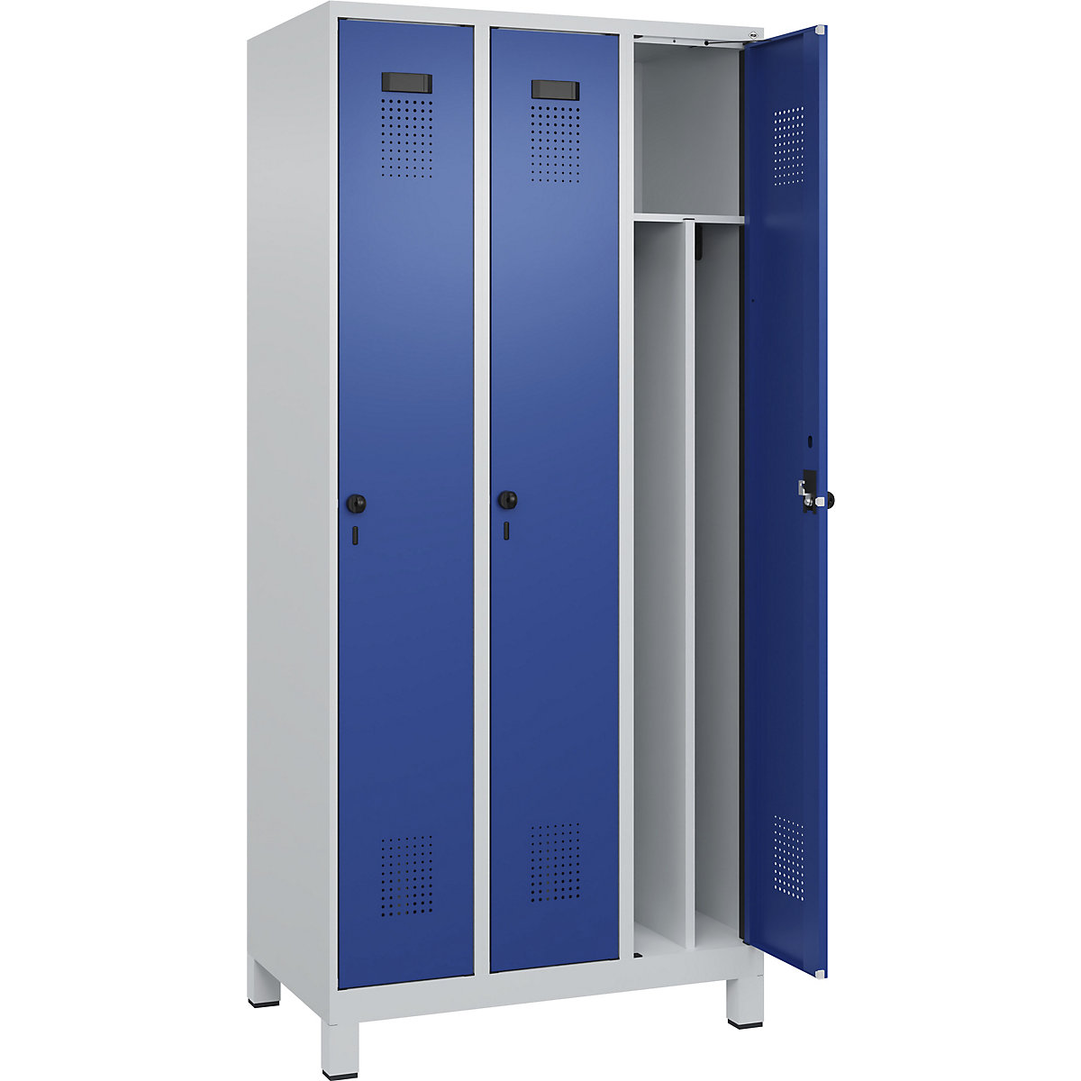 Cacifo com separação de roupa suja/limpa Evolo PLUS, estreito, 3 compartimentos, divisória encurtada, cinzento claro/azul genciana, L 900 mm, com pés largos, trinco de segurança rotativo-0