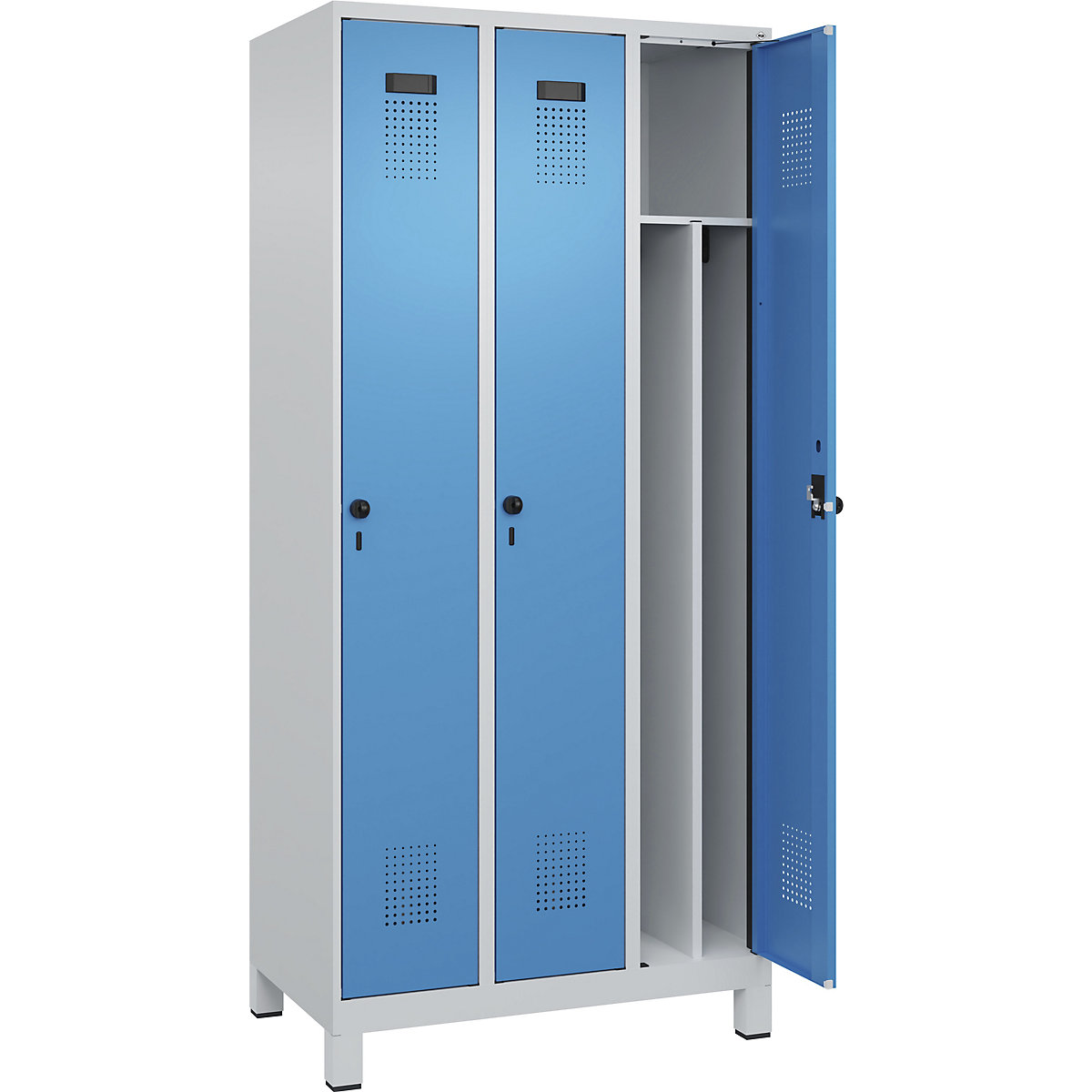 Cacifo com separação de roupa suja/limpa Evolo PLUS, estreito, 3 compartimentos, divisória encurtada, cinzento claro/azul claro, L 900 mm, com pés largos, trinco de segurança rotativo-0