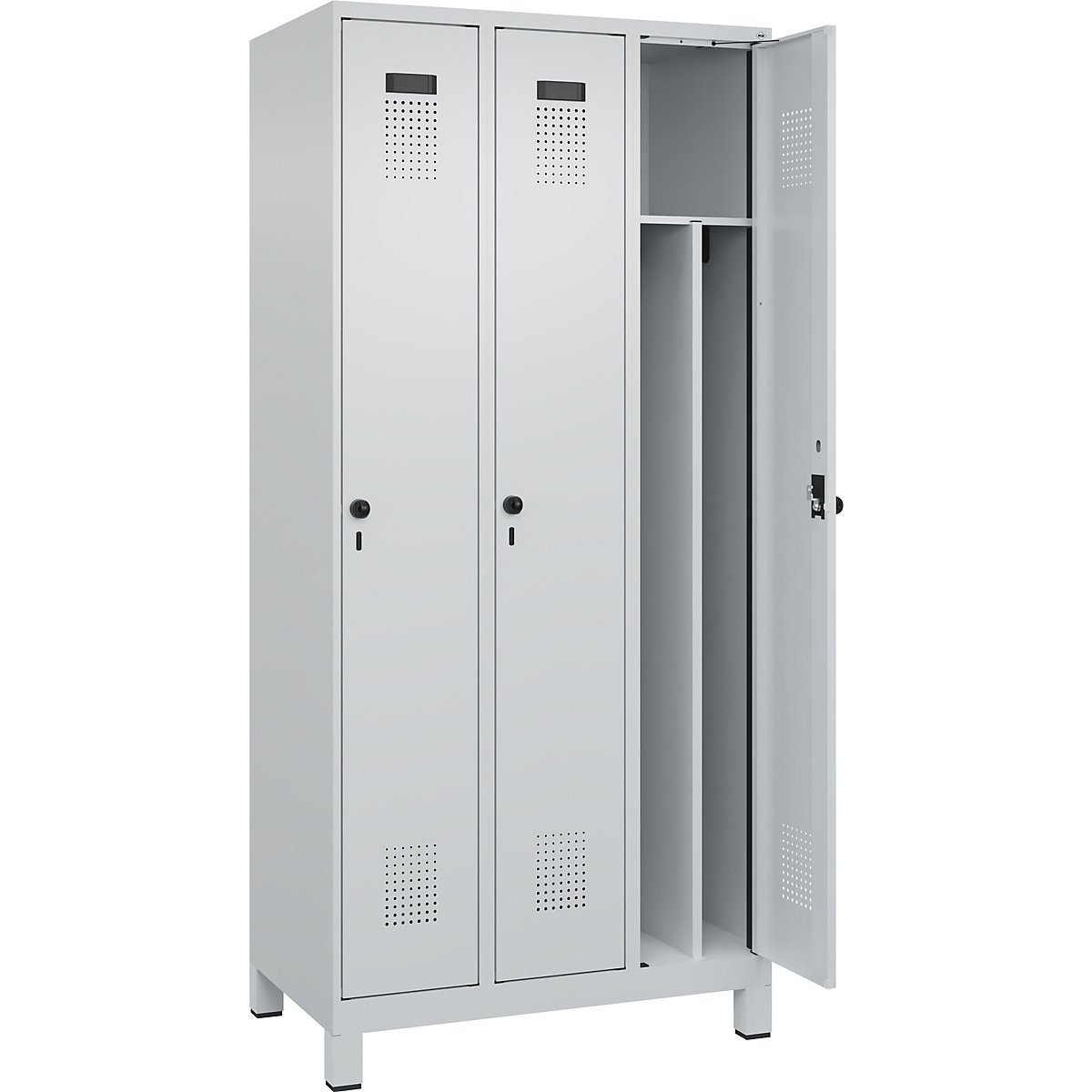 Cacifo com separação de roupa suja/limpa Evolo PLUS, estreito, 3 compartimentos, divisória encurtada, cinzento claro, L 900 mm, com pés largos, trinco de segurança rotativo-0