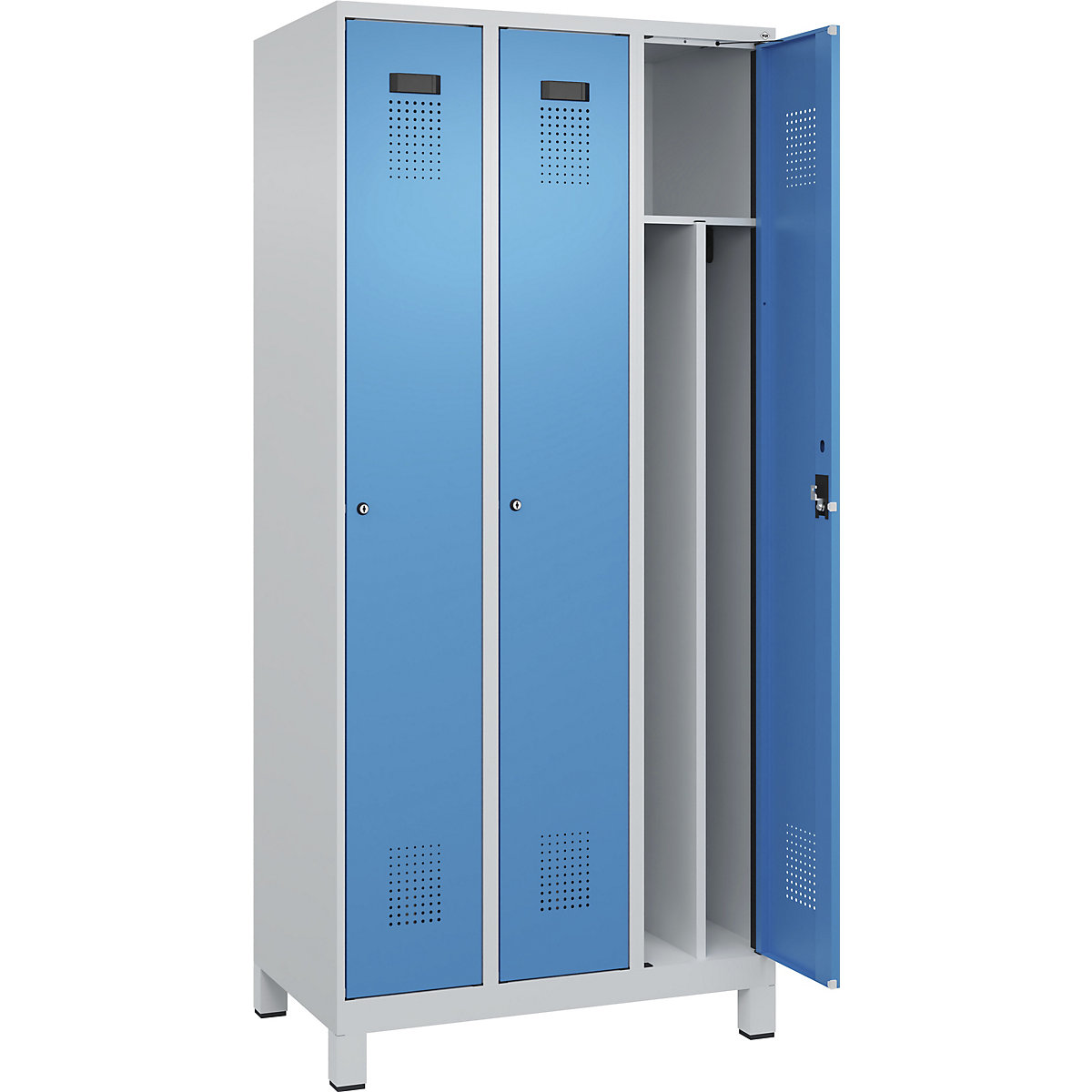 Cacifo com separação de roupa suja/limpa Evolo PLUS, estreito, 3 compartimentos, divisória encurtada, cinzento claro/azul claro, L 900 mm, com pés largos, fechadura de cilindro-0