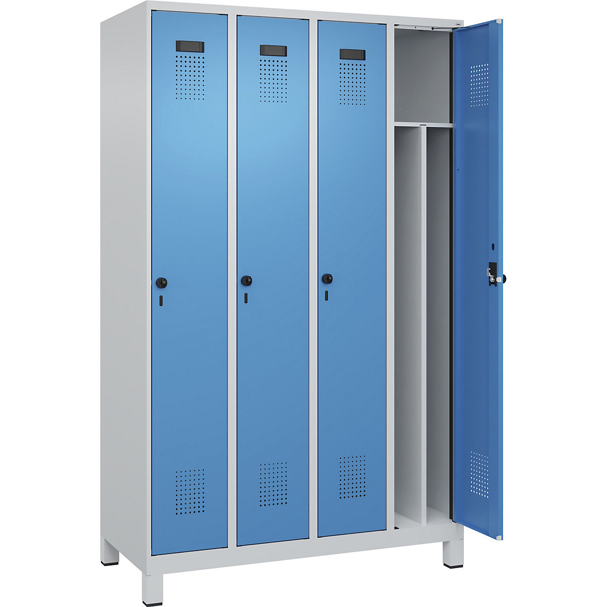 Cacifo com separação de roupa suja/limpa Evolo PLUS, estreito, 4 compartimentos, divisória encurtada, cinzento claro/azul claro, L 1200 mm, com pés largos, trinco de segurança rotativo-0
