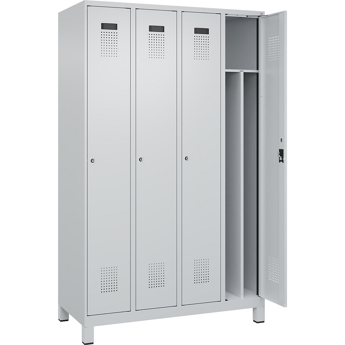 Cacifo com separação de roupa suja/limpa Evolo PLUS, estreito, 4 compartimentos, divisória encurtada, cinzento claro, L 1200 mm, com pés largos, fechadura de cilindro-0