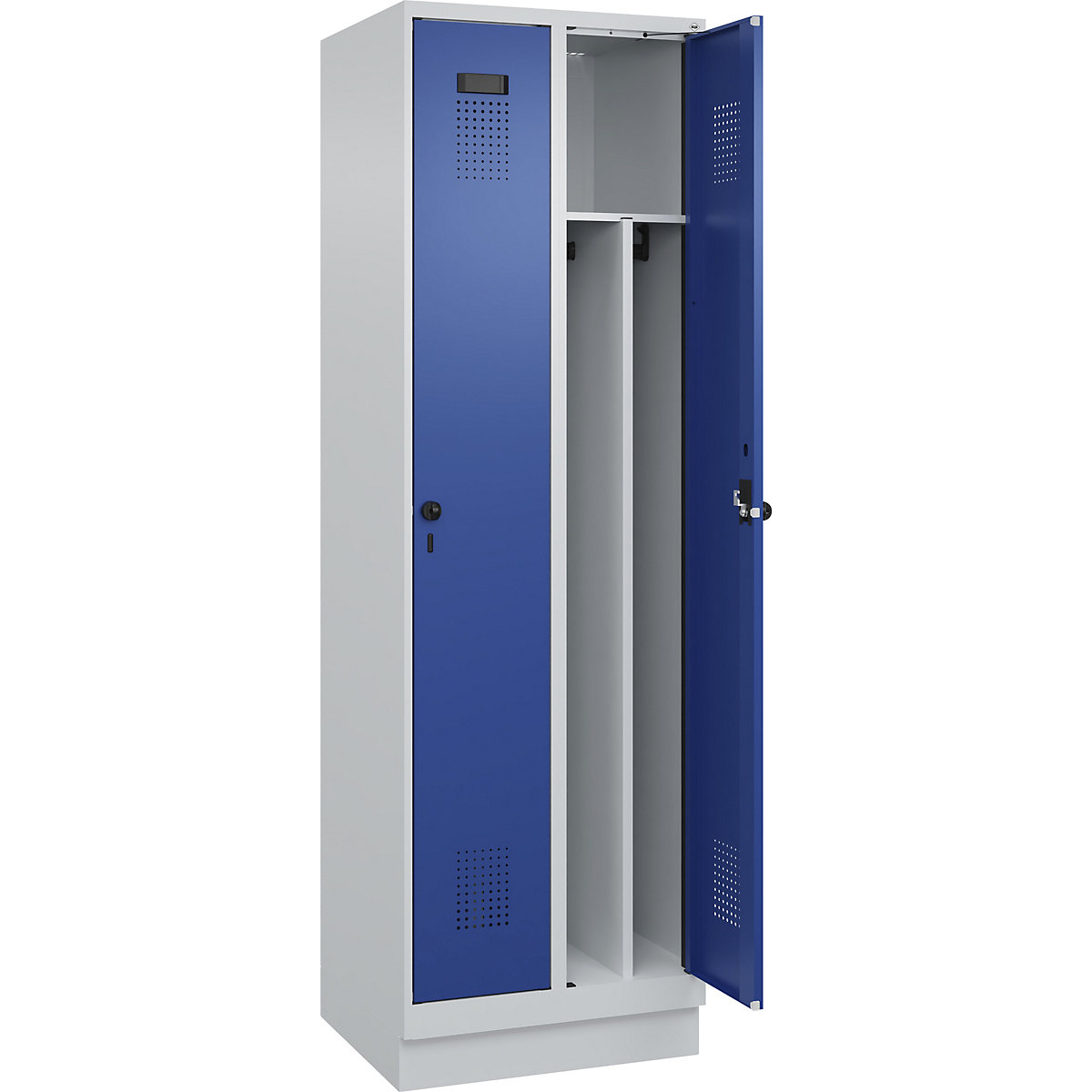 Cacifo com separação de roupa suja/limpa Evolo PLUS, estreito, 2 compartimentos, divisória encurtada, cinzento claro/azul genciana, L 600 mm, com rodapé, trinco de segurança rotativo-0