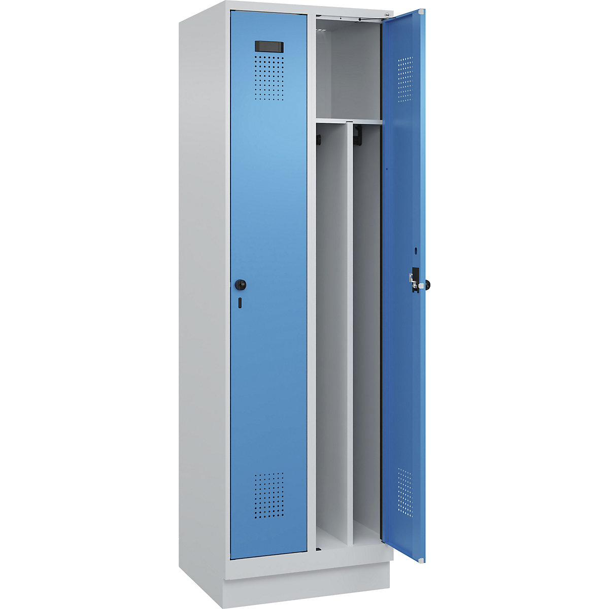Cacifo com separação de roupa suja/limpa Evolo PLUS, estreito, 2 compartimentos, divisória encurtada, cinzento claro/azul claro, L 600 mm, com rodapé, trinco de segurança rotativo-0