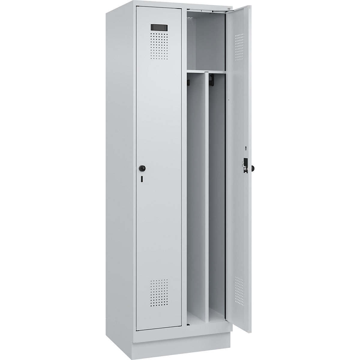 Cacifo com separação de roupa suja/limpa Evolo PLUS, estreito, 2 compartimentos, divisória encurtada, cinzento claro, L 600 mm, com rodapé, trinco de segurança rotativo-0