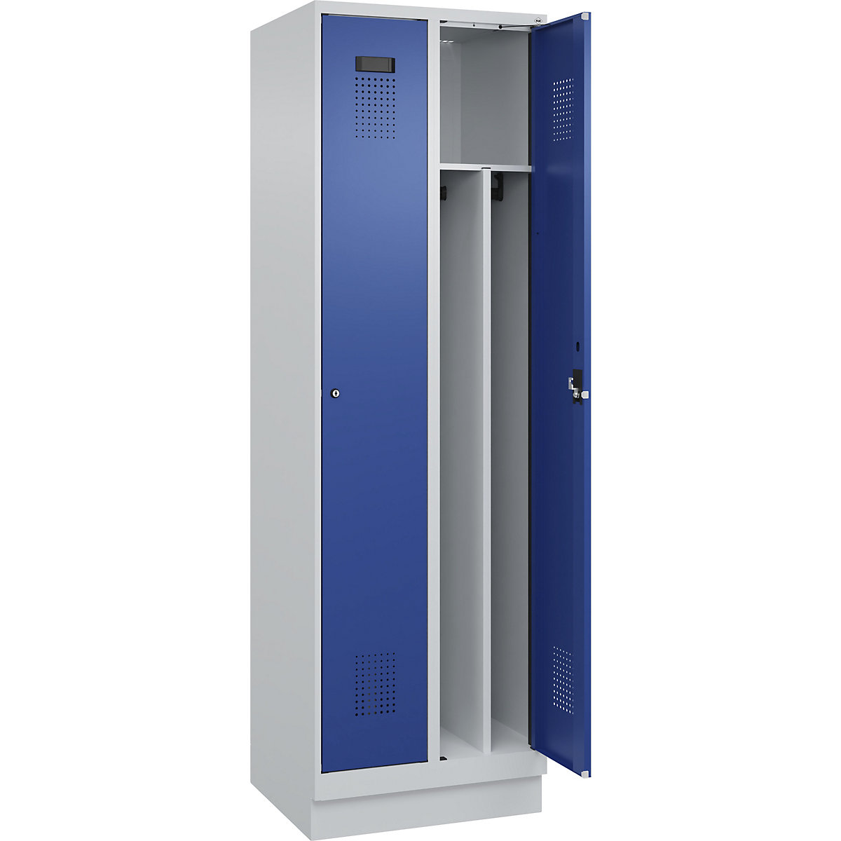 Cacifo com separação de roupa suja/limpa Evolo PLUS, estreito, 2 compartimentos, divisória encurtada, cinzento claro/azul genciana, L 600 mm, com rodapé, fechadura de cilindro-0