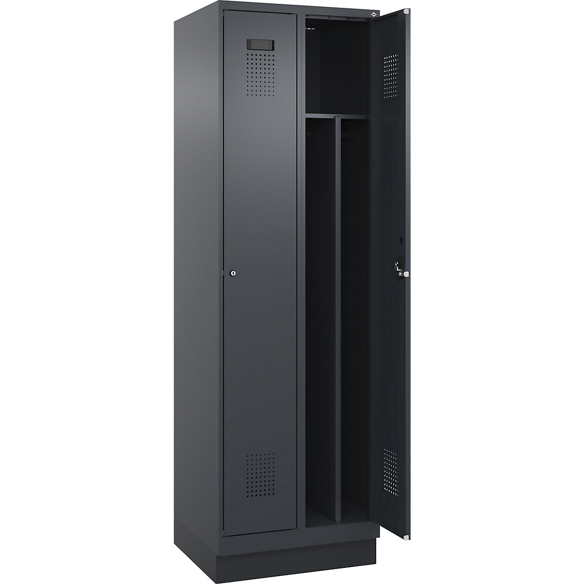 Cacifo com separação de roupa suja/limpa Evolo PLUS, estreito, 2 compartimentos, divisória encurtada, cinzento, L 600 mm, com rodapé, fechadura de cilindro-0