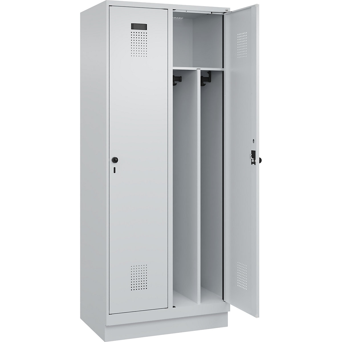 Cacifo com separação de roupa suja/limpa Evolo PLUS, estreito, 2 compartimentos, divisória encurtada, cinzento claro, L 800 mm, com rodapé, trinco de segurança rotativo-0