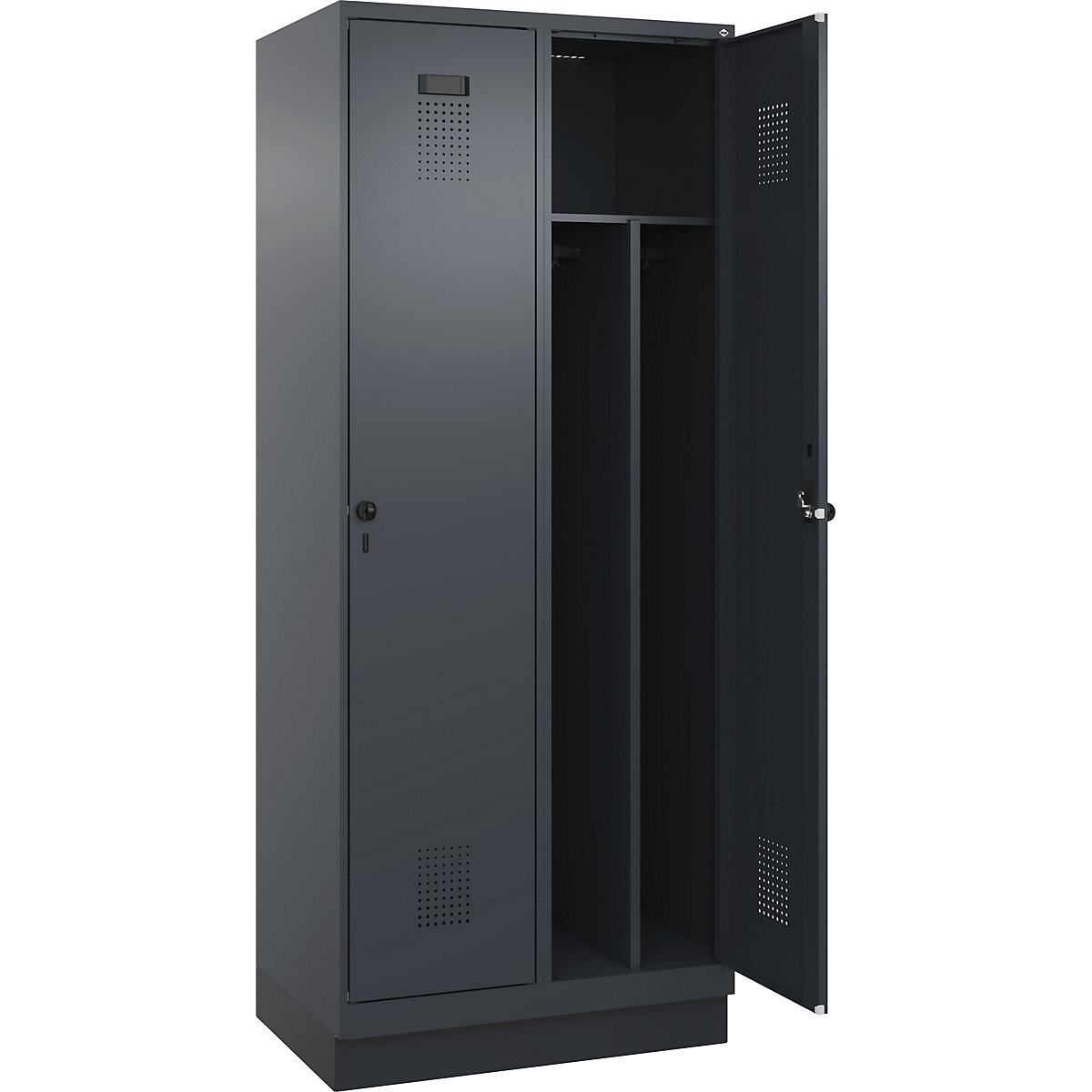 Cacifo com separação de roupa suja/limpa Evolo PLUS, estreito, 2 compartimentos, divisória encurtada, cinzento, L 800 mm, com rodapé, trinco de segurança rotativo-0