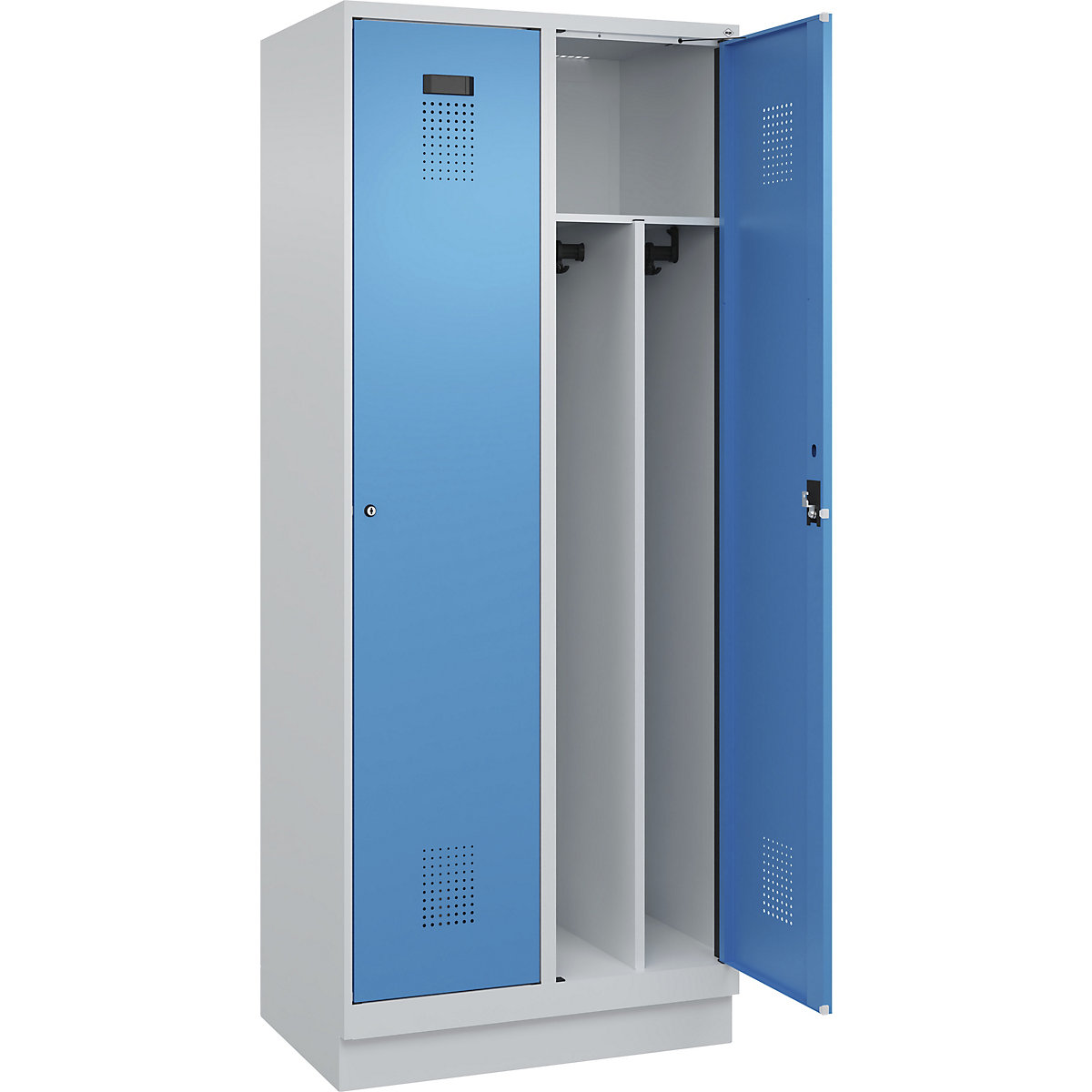 Cacifo com separação de roupa suja/limpa Evolo PLUS, estreito, 2 compartimentos, divisória encurtada, cinzento claro/azul claro, L 800 mm, com rodapé, fechadura de cilindro-0