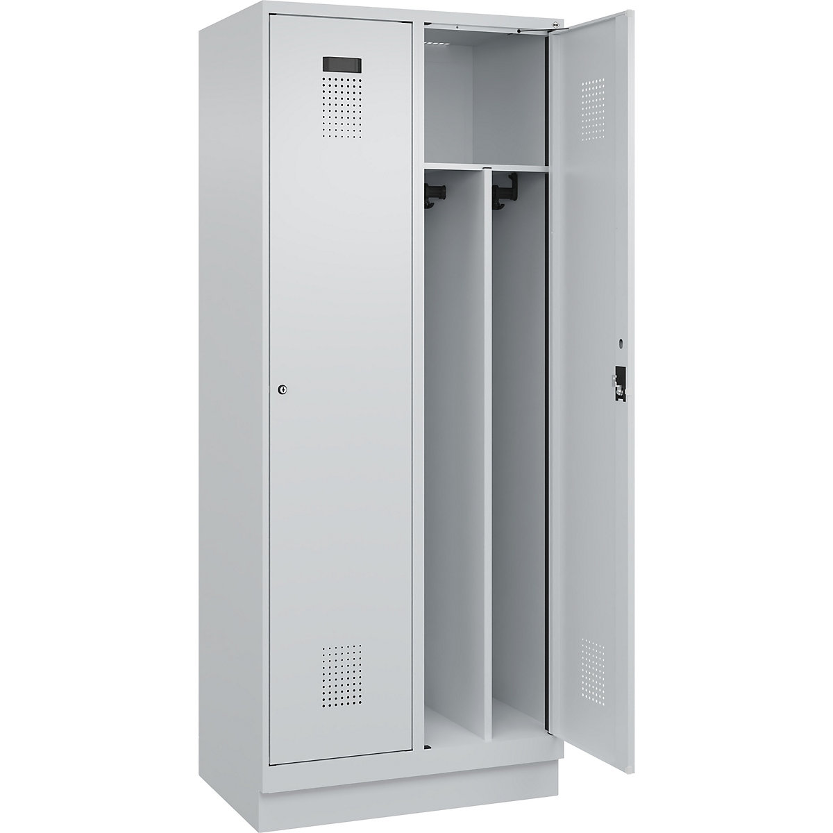 Cacifo com separação de roupa suja/limpa Evolo PLUS, estreito, 2 compartimentos, divisória encurtada, cinzento claro, L 800 mm, com rodapé, fechadura de cilindro-0