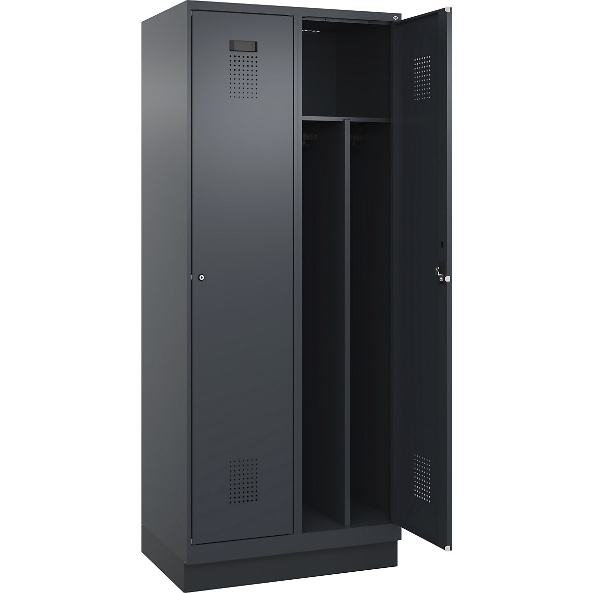 Cacifo com separação de roupa suja/limpa Evolo PLUS, estreito, 2 compartimentos, divisória encurtada, cinzento, L 800 mm, com rodapé, fechadura de cilindro-0