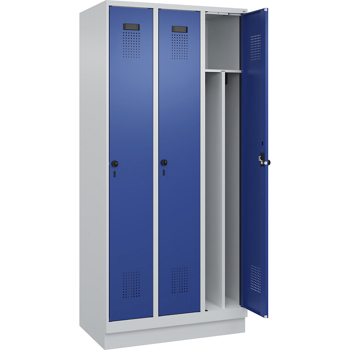 Cacifo com separação de roupa suja/limpa Evolo PLUS, estreito, 3 compartimentos, divisória encurtada, cinzento claro/azul genciana, L 900 mm, com rodapé, trinco de segurança rotativo-0