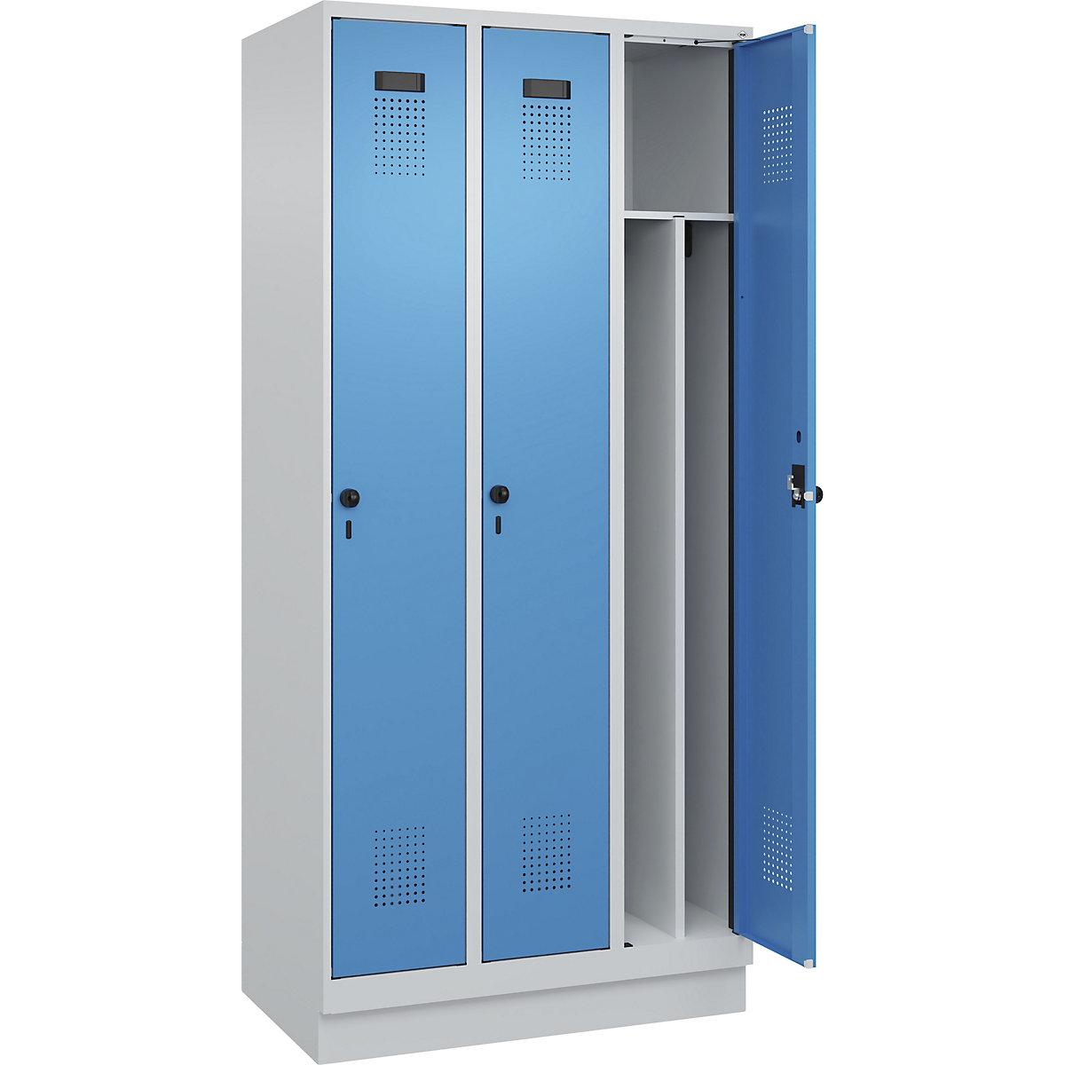 Cacifo com separação de roupa suja/limpa Evolo PLUS, estreito, 3 compartimentos, divisória encurtada, cinzento claro/azul claro, L 900 mm, com rodapé, trinco de segurança rotativo-0