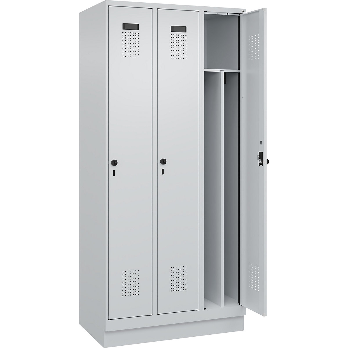 Cacifo com separação de roupa suja/limpa Evolo PLUS, estreito, 3 compartimentos, divisória encurtada, cinzento claro, L 900 mm, com rodapé, trinco de segurança rotativo-0