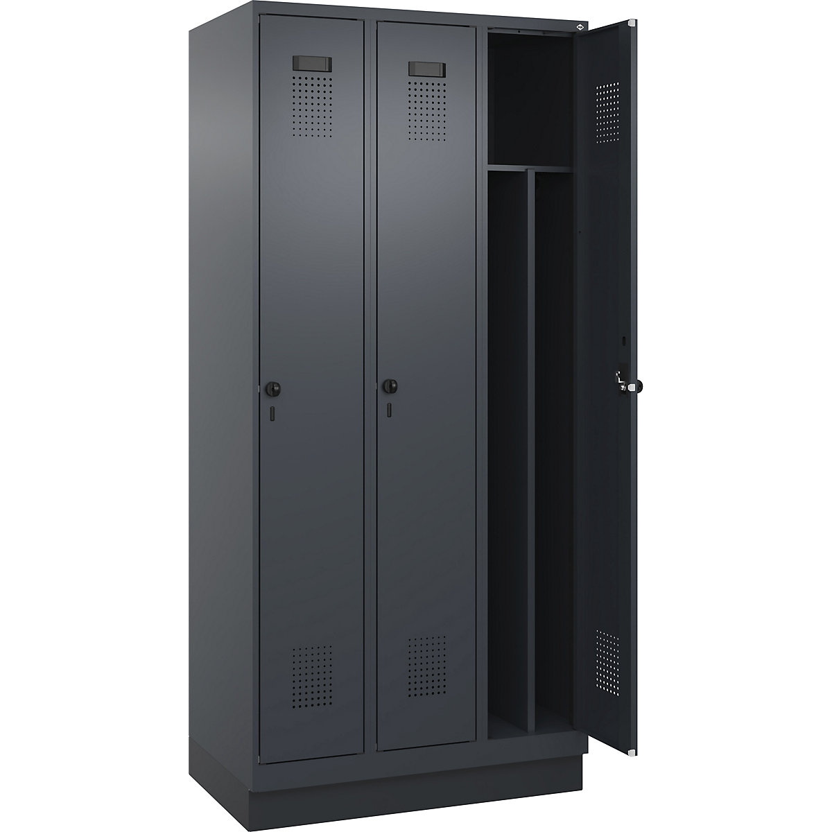 Cacifo com separação de roupa suja/limpa Evolo PLUS, estreito, 3 compartimentos, divisória encurtada, cinzento, L 900 mm, com rodapé, trinco de segurança rotativo-0
