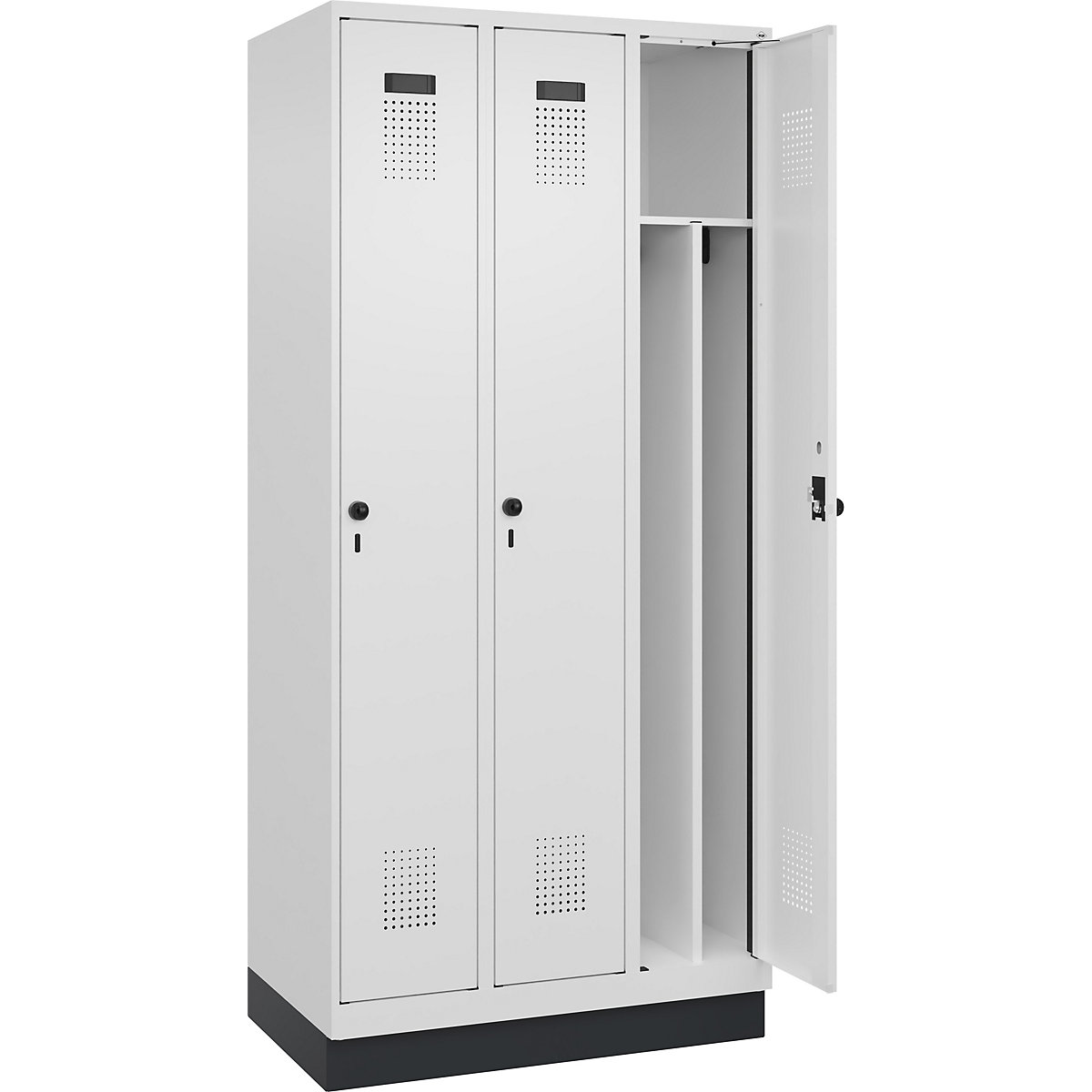 Cacifo com separação de roupa suja/limpa Evolo PLUS, estreito, 3 compartimentos, divisória encurtada, branco, L 900 mm, com rodapé, trinco de segurança rotativo-0