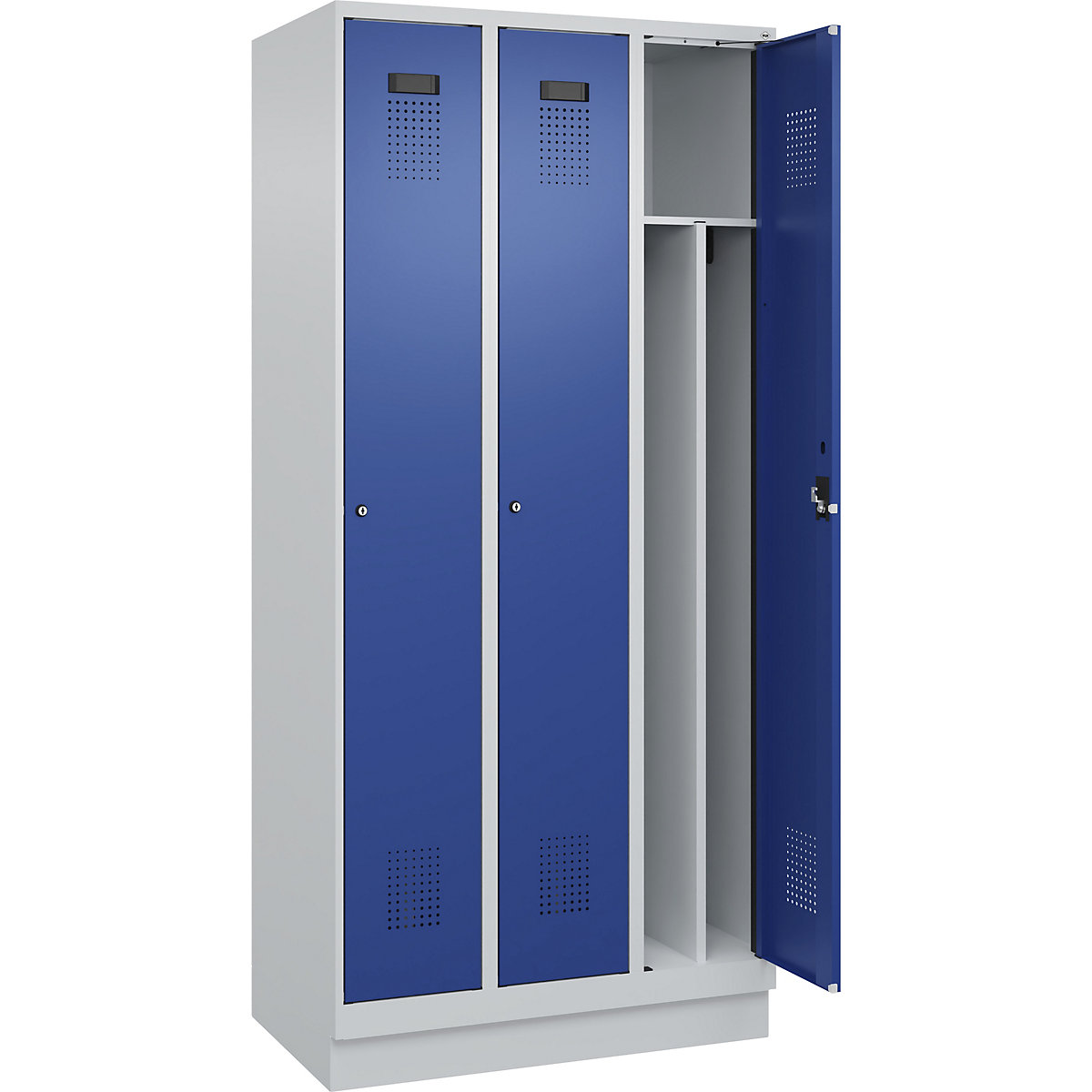 Cacifo com separação de roupa suja/limpa Evolo PLUS, estreito, 3 compartimentos, divisória encurtada, cinzento claro/azul genciana, L 900 mm, com rodapé, fechadura de cilindro-0
