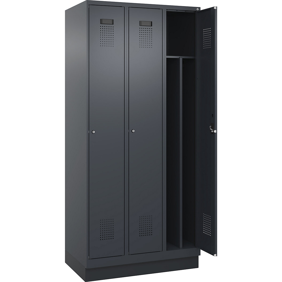 Cacifo com separação de roupa suja/limpa Evolo PLUS, estreito, 3 compartimentos, divisória encurtada, cinzento, L 900 mm, com rodapé, fechadura de cilindro-0
