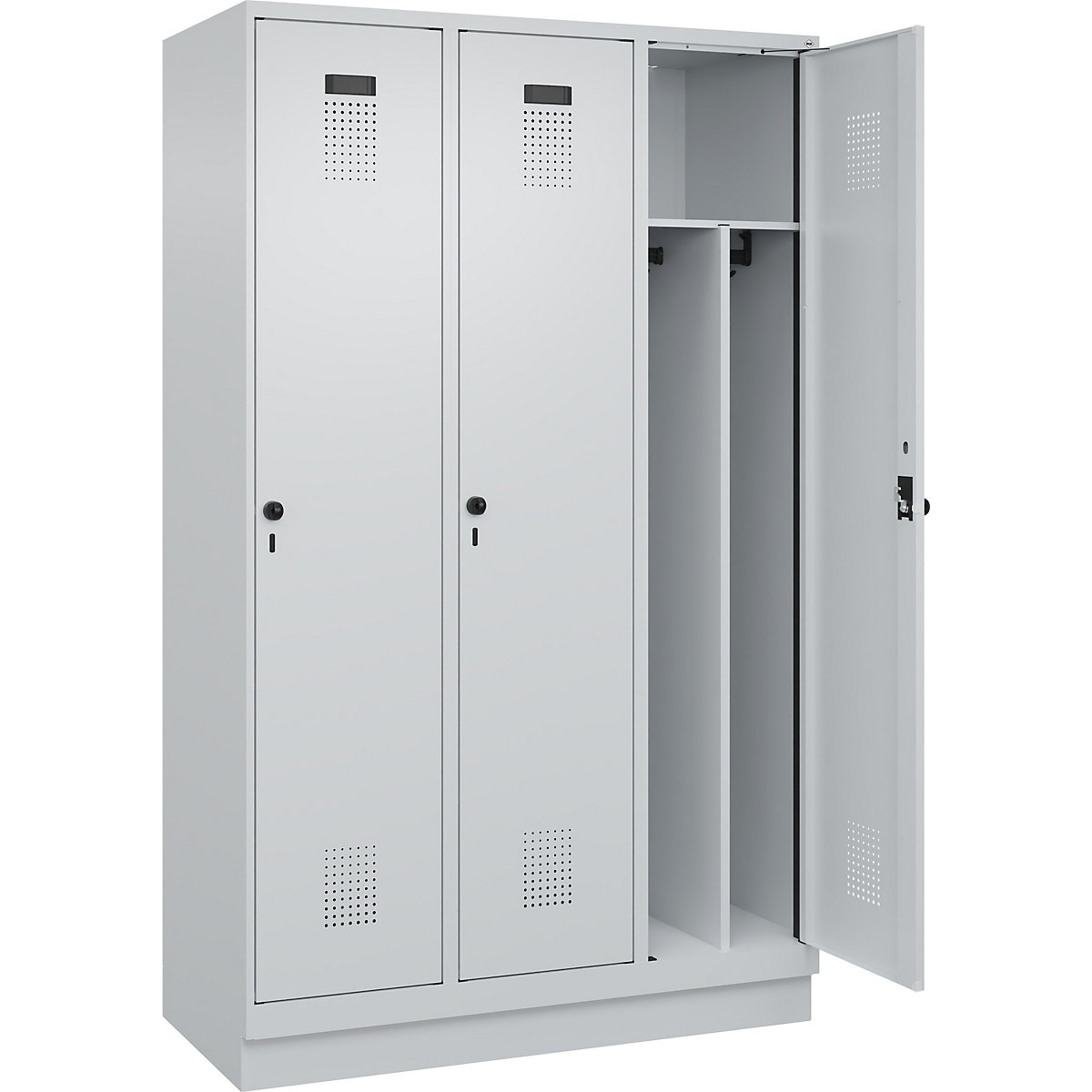 Cacifo com separação de roupa suja/limpa Evolo PLUS, estreito, 3 compartimentos, divisória encurtada, cinzento claro, L 1200 mm, com rodapé, trinco de segurança rotativo-0