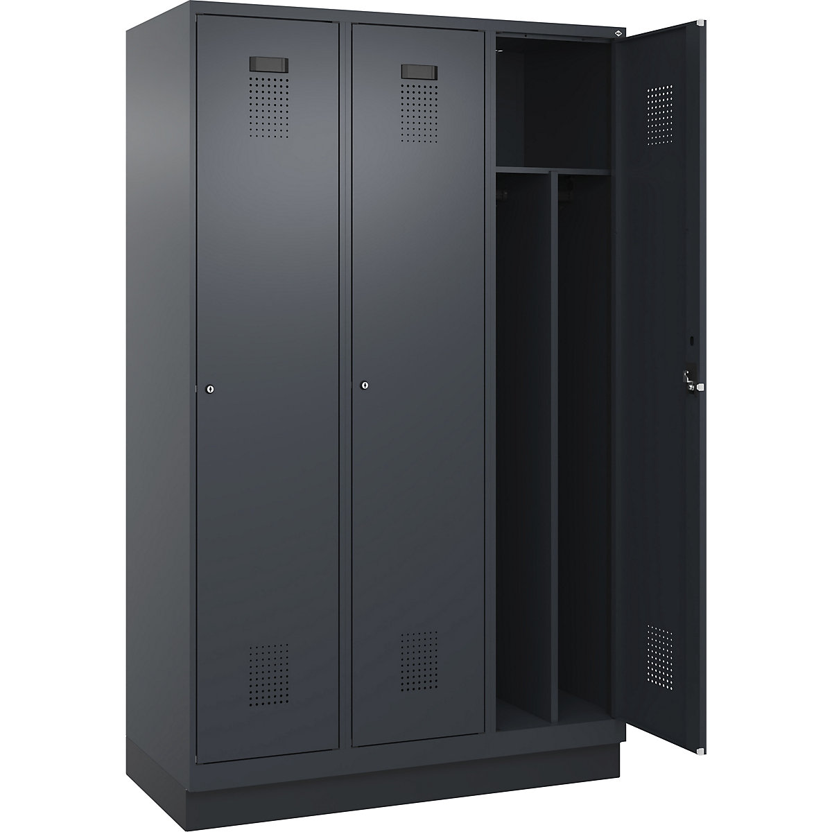 Cacifo com separação de roupa suja/limpa Evolo PLUS, estreito, 3 compartimentos, divisória encurtada, cinzento, L 1200 mm, com rodapé, fechadura de cilindro-0