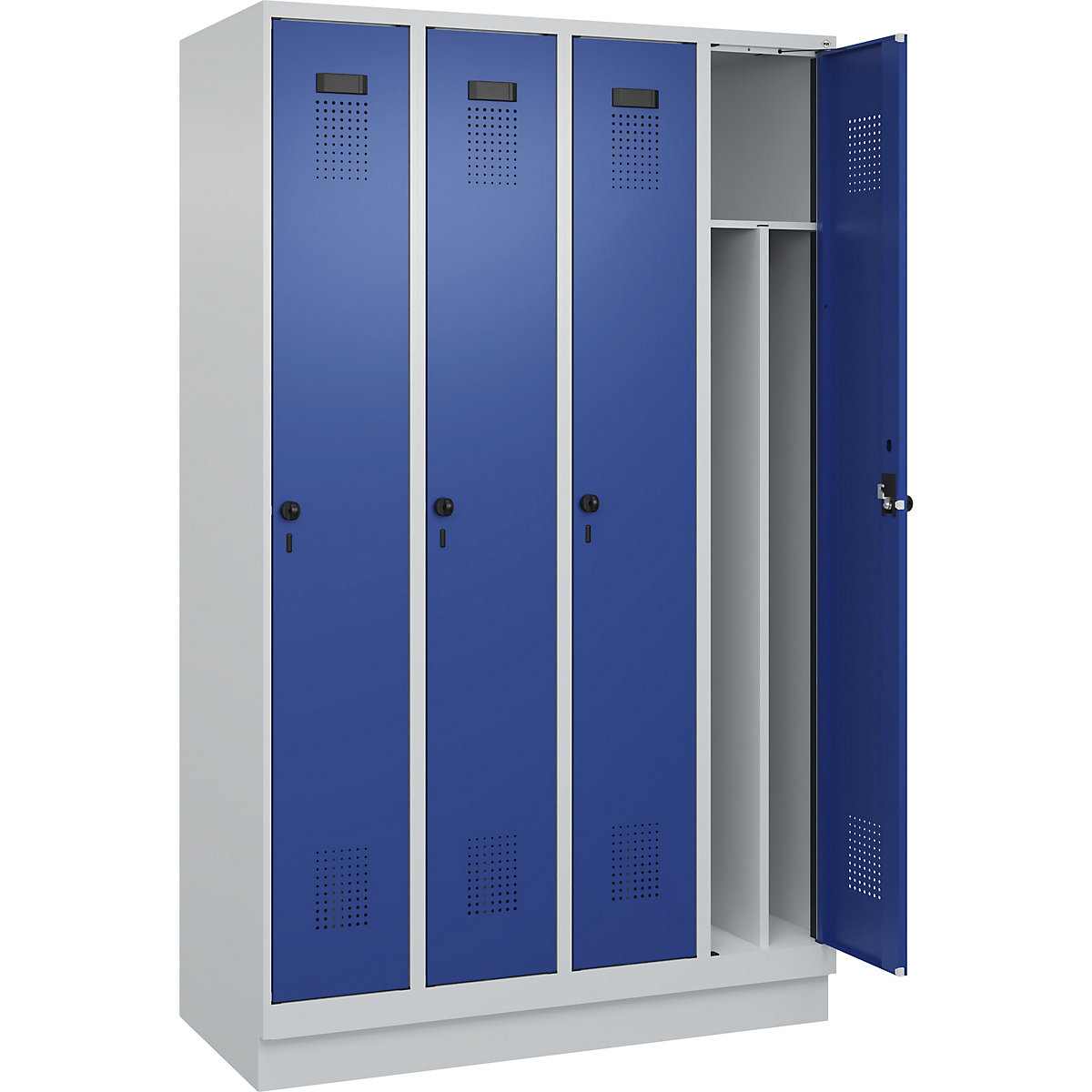 Cacifo com separação de roupa suja/limpa Evolo PLUS, estreito, 4 compartimentos, divisória encurtada, cinzento claro/azul genciana, L 1200 mm, com rodapé, trinco de segurança rotativo-0