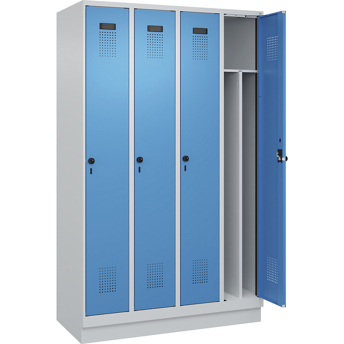 Cacifo com separação de roupa suja/limpa Evolo PLUS, estreito, 4 compartimentos, divisória encurtada, cinzento claro/azul claro, L 1200 mm, com rodapé, trinco de segurança rotativo-0