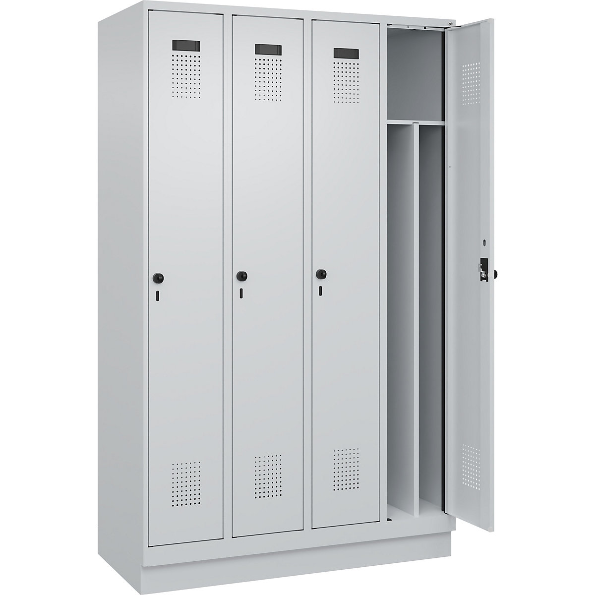 Cacifo com separação de roupa suja/limpa Evolo PLUS, estreito, 4 compartimentos, divisória encurtada, cinzento claro, L 1200 mm, com rodapé, trinco de segurança rotativo-0