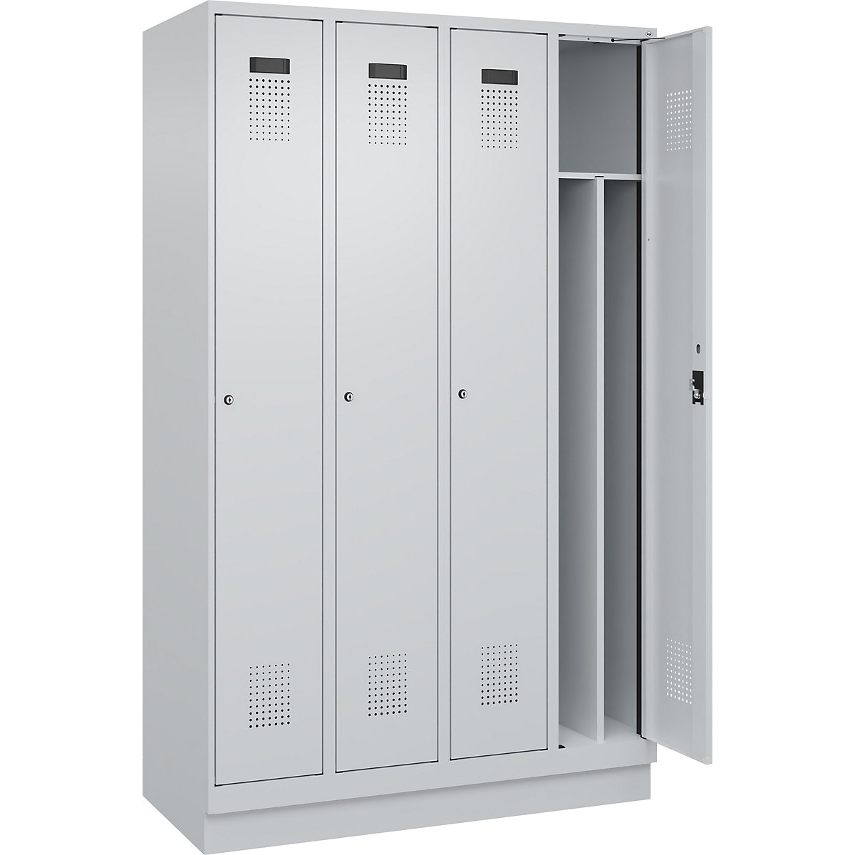 Cacifo com separação de roupa suja/limpa Evolo PLUS, estreito, 4 compartimentos, divisória encurtada, cinzento claro, L 1200 mm, com rodapé, fechadura de cilindro-0