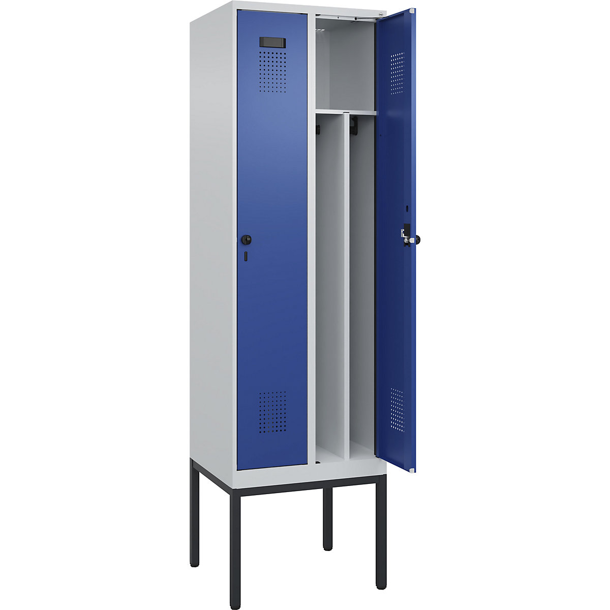 Cacifo com separação de roupa suja/limpa Evolo PLUS, estreito, 2 compartimentos, divisória encurtada, cinzento claro/azul genciana, L 600 mm, com pés estreitos, trinco de segurança rotativo-0
