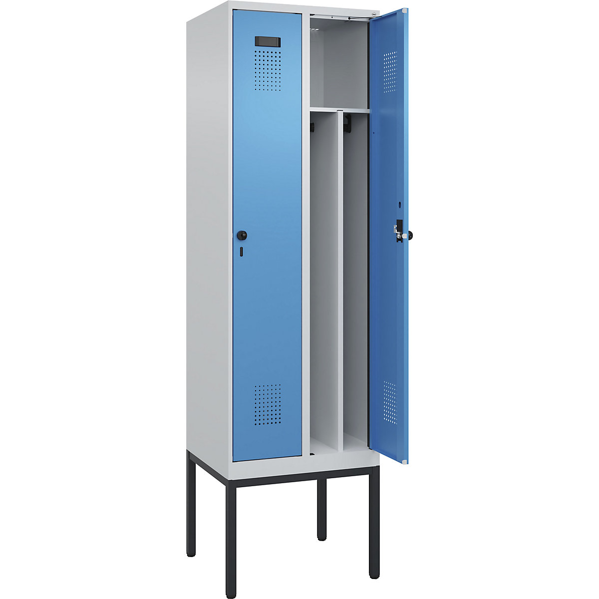 Cacifo com separação de roupa suja/limpa Evolo PLUS, estreito, 2 compartimentos, divisória encurtada, cinzento claro/azul claro, L 600 mm, com pés estreitos, trinco de segurança rotativo-0