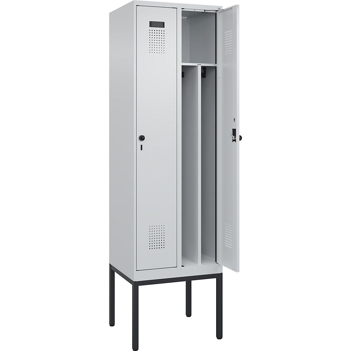 Cacifo com separação de roupa suja/limpa Evolo PLUS, estreito, 2 compartimentos, divisória encurtada, cinzento claro, L 600 mm, com pés estreitos, trinco de segurança rotativo-0