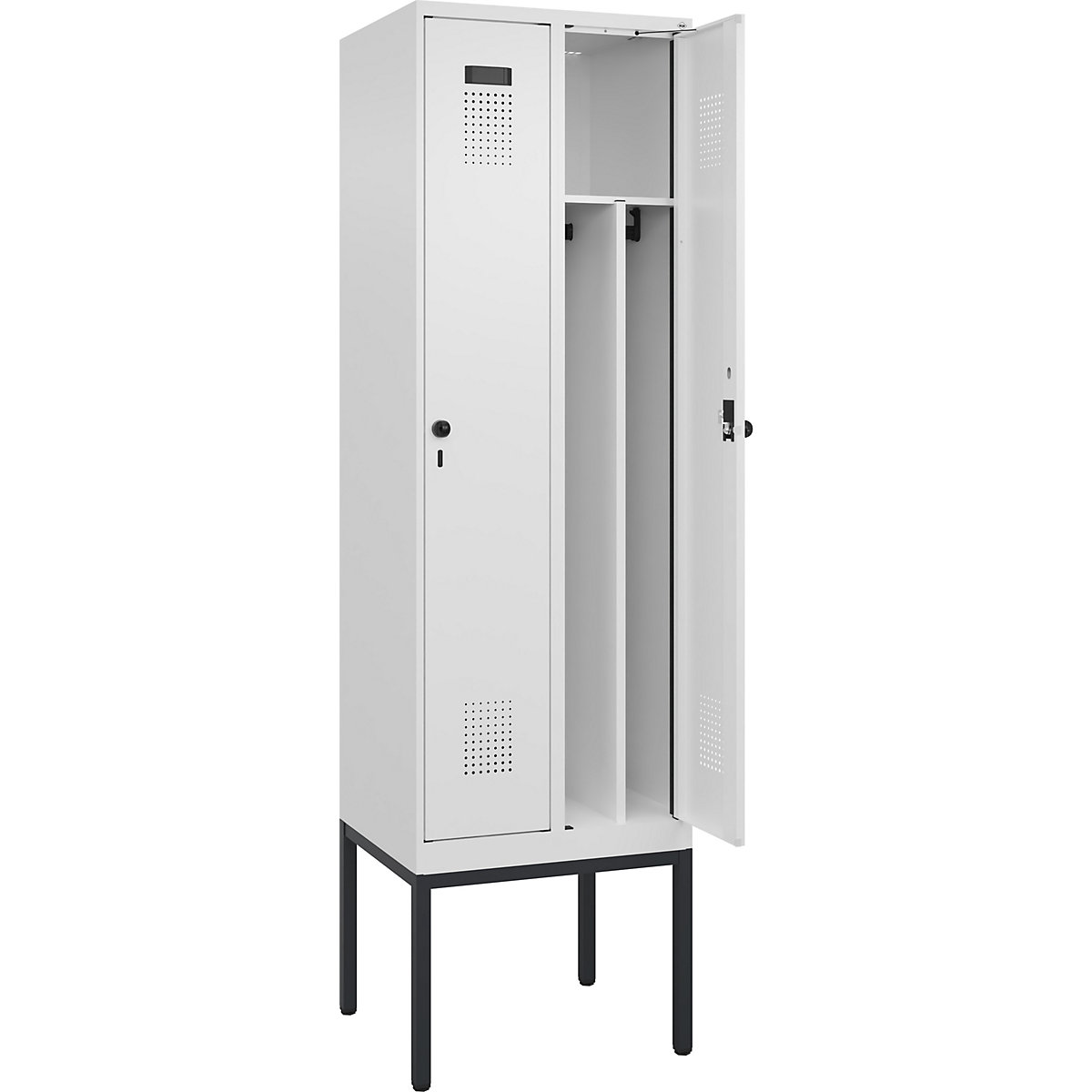 Cacifo com separação de roupa suja/limpa Evolo PLUS, estreito, 2 compartimentos, divisória encurtada, branco, L 600 mm, com pés estreitos, trinco de segurança rotativo-0