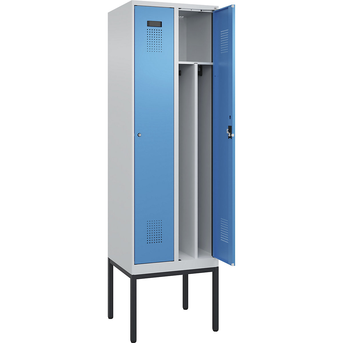 Cacifo com separação de roupa suja/limpa Evolo PLUS, estreito, 2 compartimentos, divisória encurtada, cinzento claro/azul claro, L 600 mm, com pés estreitos, fechadura de cilindro-0
