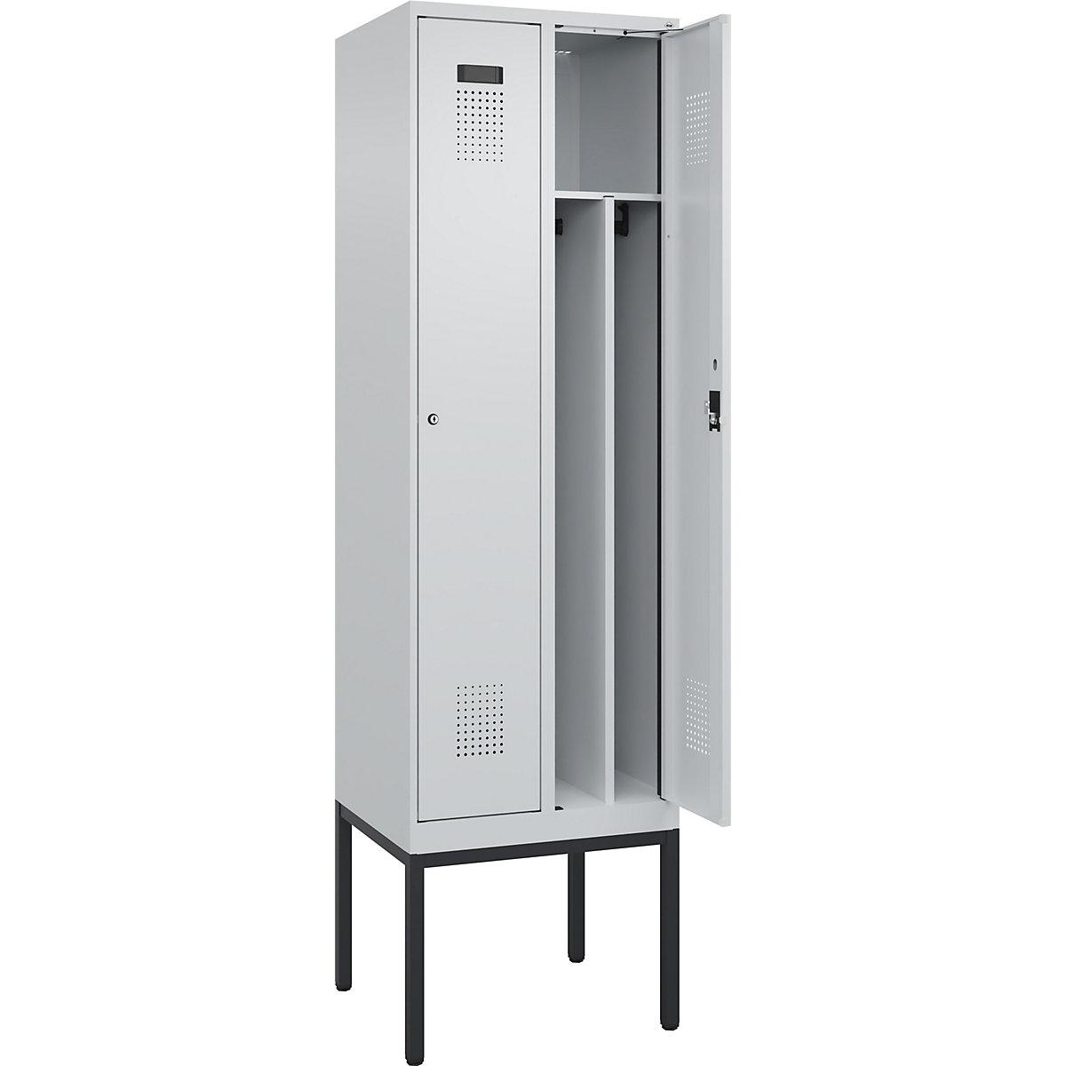Cacifo com separação de roupa suja/limpa Evolo PLUS, estreito, 2 compartimentos, divisória encurtada, cinzento claro, L 600 mm, com pés estreitos, fechadura de cilindro-0
