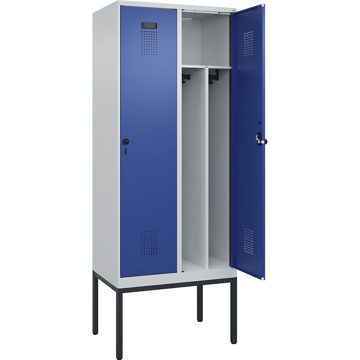 Cacifo com separação de roupa suja/limpa Evolo PLUS, estreito, 2 compartimentos, divisória encurtada, cinzento claro/azul genciana, L 800 mm, com pés estreitos, trinco de segurança rotativo-0