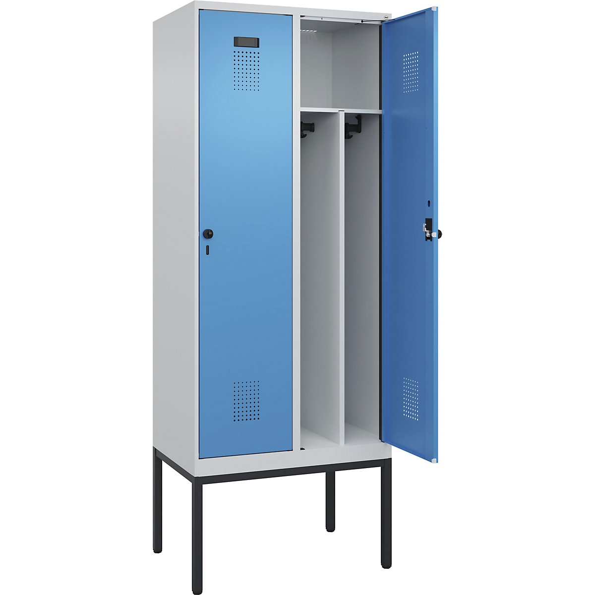 Cacifo com separação de roupa suja/limpa Evolo PLUS, estreito, 2 compartimentos, divisória encurtada, cinzento claro/azul claro, L 800 mm, com pés estreitos, trinco de segurança rotativo-0