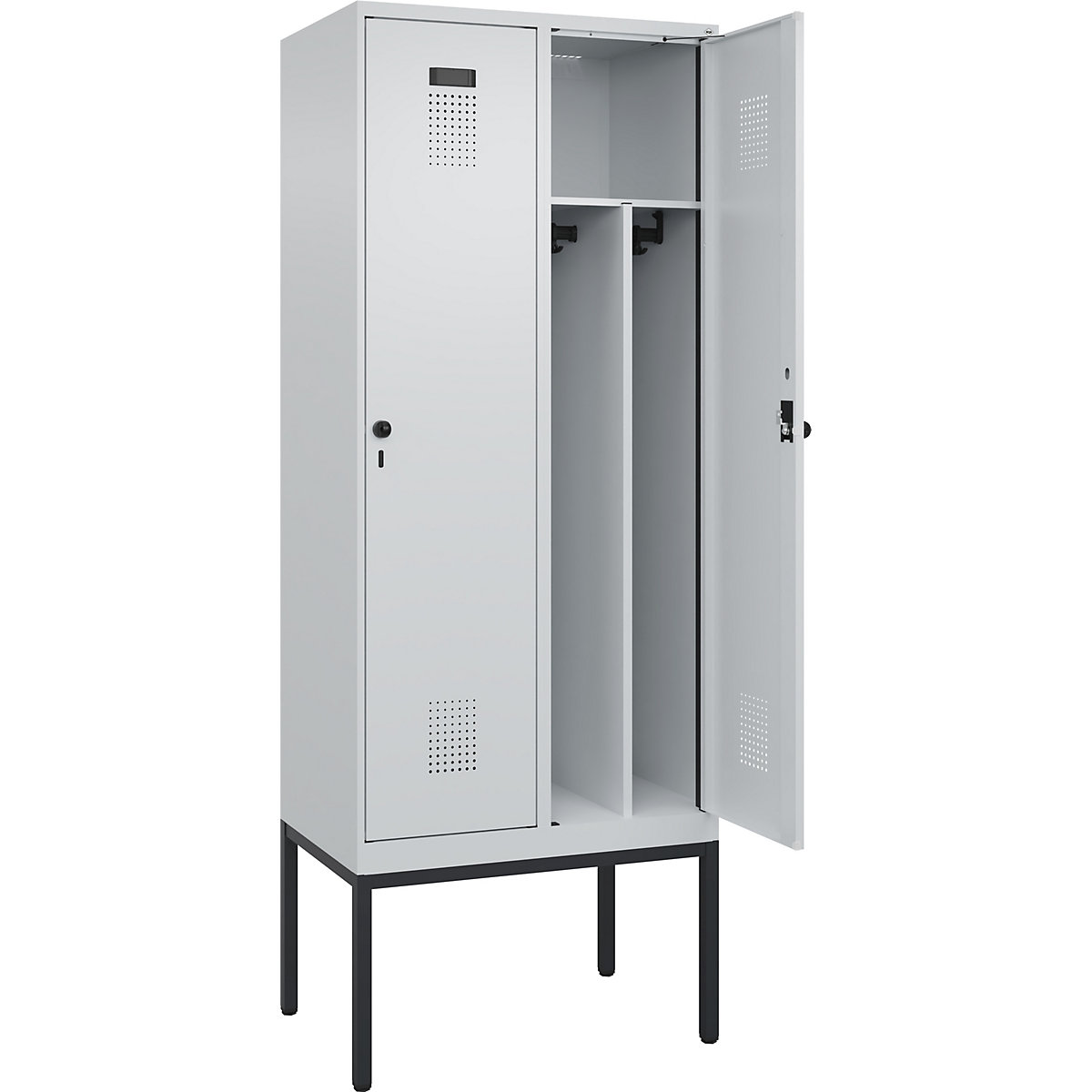 Cacifo com separação de roupa suja/limpa Evolo PLUS, estreito, 2 compartimentos, divisória encurtada, cinzento claro, L 800 mm, com pés estreitos, trinco de segurança rotativo-0