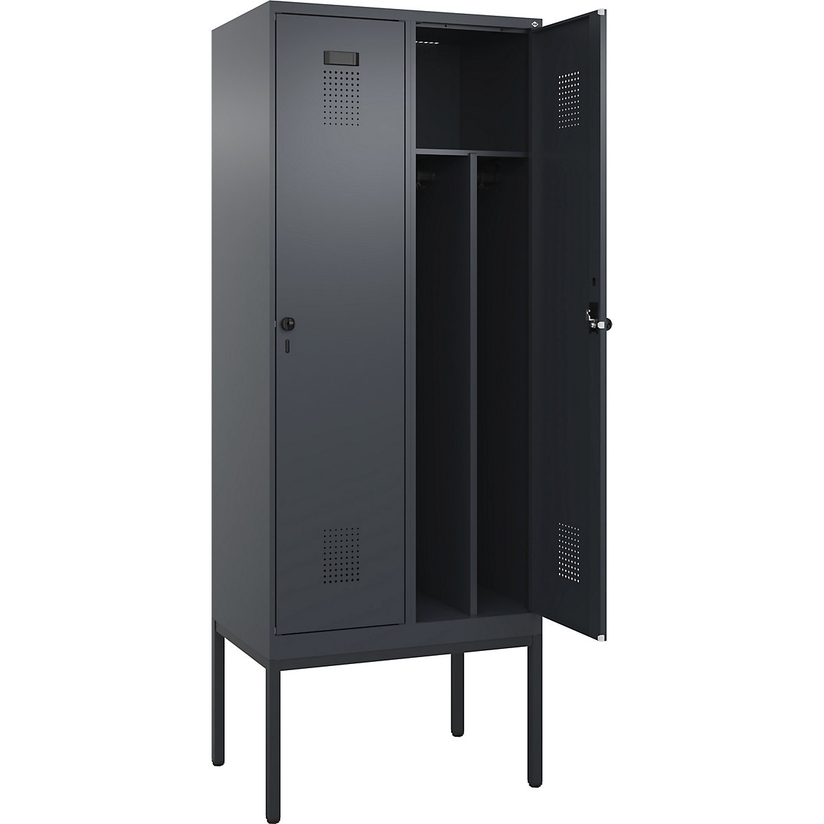 Cacifo com separação de roupa suja/limpa Evolo PLUS, estreito, 2 compartimentos, divisória encurtada, cinzento, L 800 mm, com pés estreitos, trinco de segurança rotativo-0